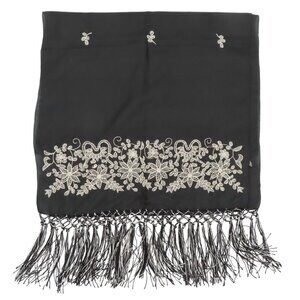 April Cornell Black Cream Embroidered Floral Flower Fringe All Silk Scarf Wrap